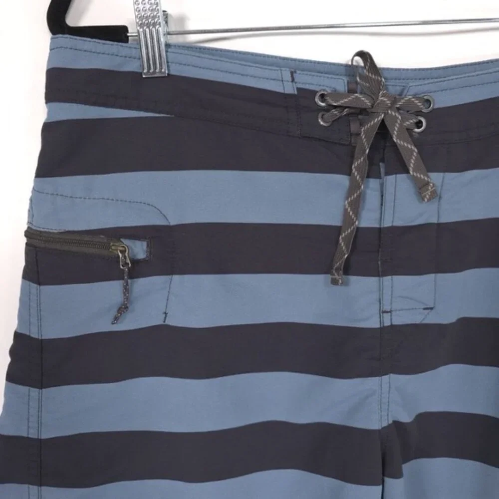 Patagonia Board Shorts 36 Swim Trunks Men's Blue Navy Stripe Zip Pocket‎ Unlined